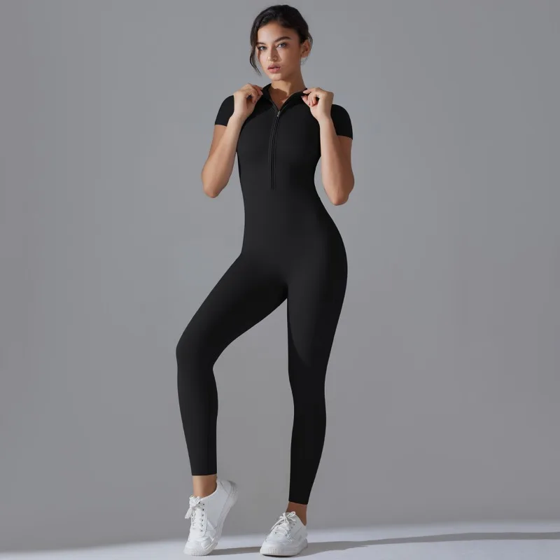 New Zipper Solid Jumpsuit Female Seamless Slim Short Sleeved Jumpsuit High Elastic Sports Running Fitness Cropped Jumpsuit