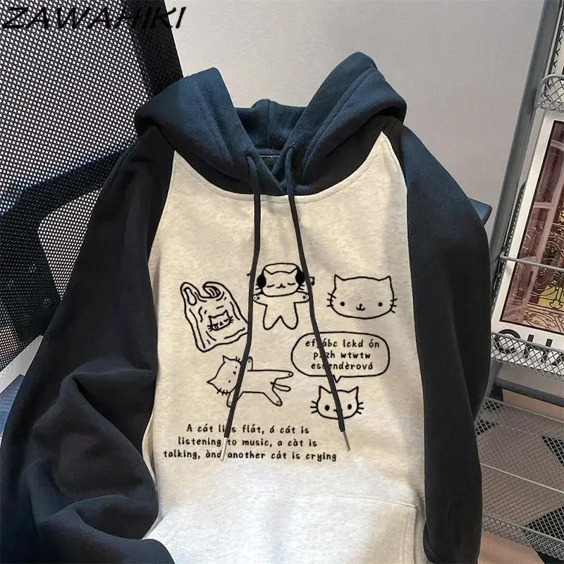 Japanese Sweet Cute Letter Cartoon Print Patchwork Contrast Color Hoodies Sweatshirt Women Fall Winter Loose All Match Chic Top