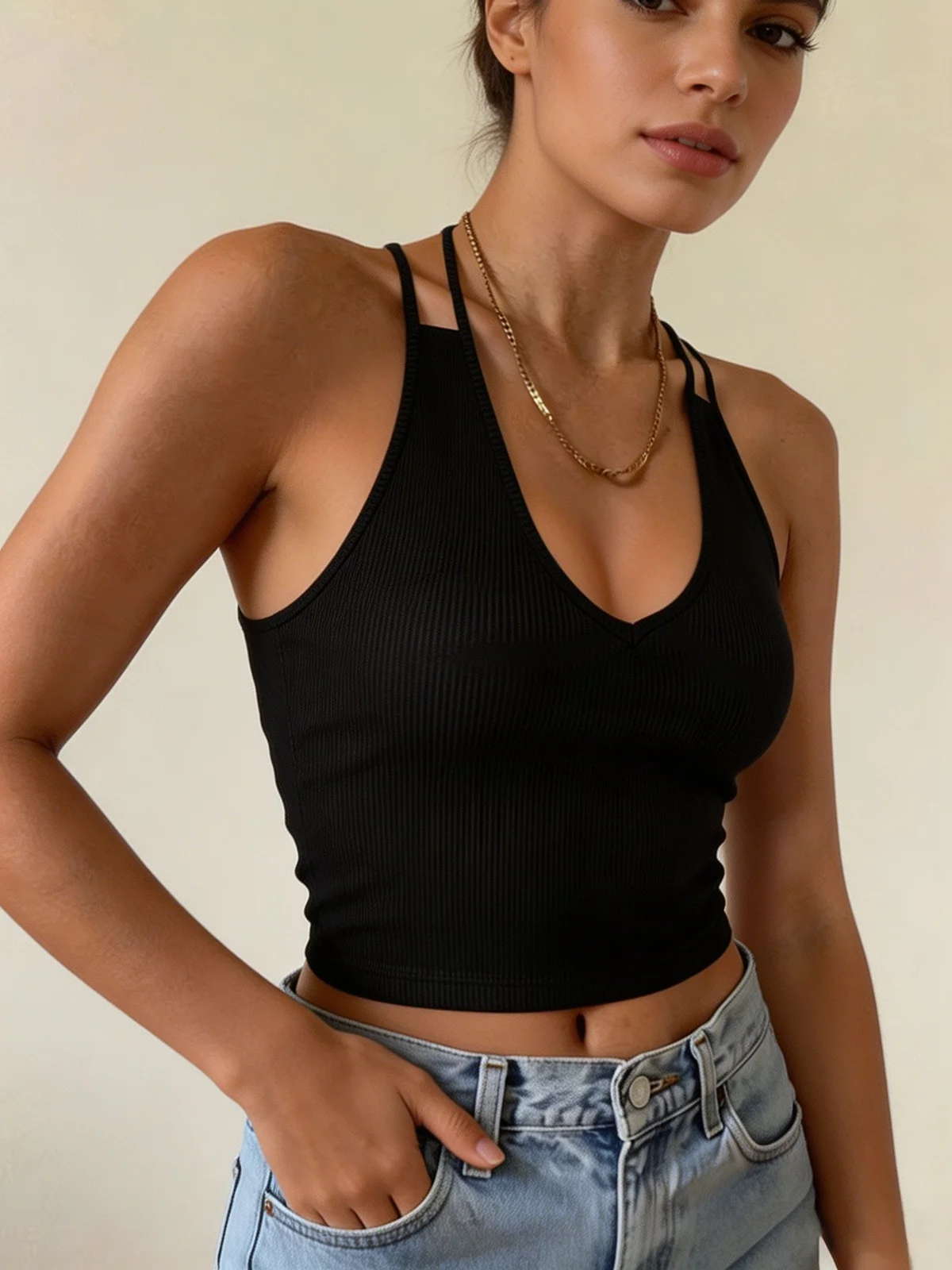 Chic V Neck Double Strap Ribbe - Tank Top Ribbed ulasan dan harga