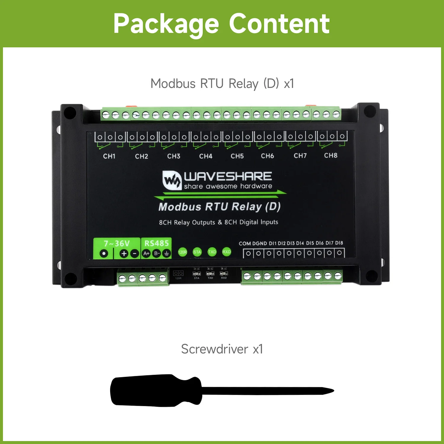 Modul Relai Modbus RTU 8-ch Industri Waveshare (D) dengan Input Digital dan RS485, Protokol Modbus RTU, Catu Daya 7~36V