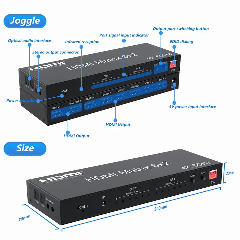 4K 60HZ 6x2 Video Wall Controller HD 6in 2out For HMDI Matrix Switch Multi TV Screen Processor Splitter 1x4 1x5 1x6 2x2 2x4 2x6