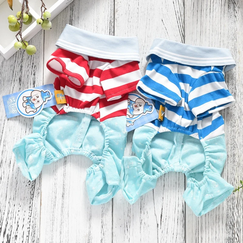 Striped Summer Puppy Spring Clothes For Small Dogs Blue Red T Shirt With Denim Blue Pants XS XXL Pajamas Pet Poodle Bichon Cat