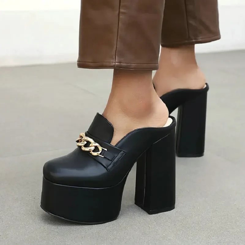 ZawsThia Summer Yellow Punk Gothic Platform Block High Heels Women Shoes Slip-on Woman Sandals Mules Slides With Metal Chain
