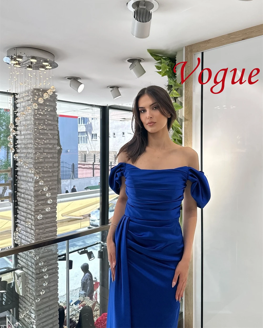 Customized Fashion Blue Satin Evening Dress High Quality Off the Shoulder Sleeveless Special Occasion Gowns Vestido De Noche