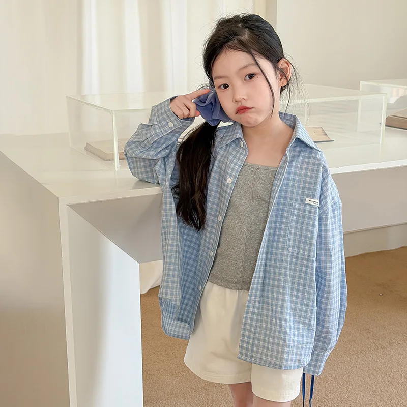 Girls Trendy and Fresh Plaid Top Korean Loose and Casual Plaid Shirt Sunscreen Jacket 2026 Summer New