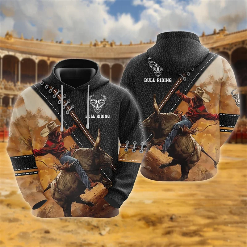 3D Printed Bull Riding Athletics Hoodies For Men Vintage Cowboy Graphic Sweatshirts Casual Sport Pullovers Tops Street Hoody