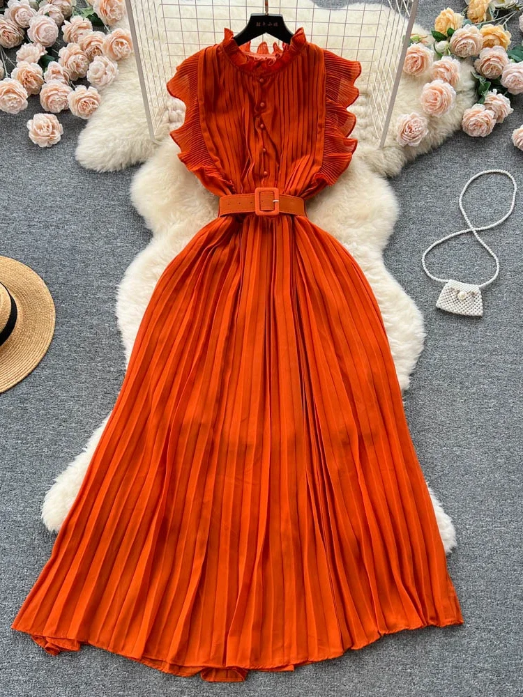 Summer Women Pleated Chiffon Long Dress Vintage Ruffle Stand Collar Flying Sleeve High Waist Draped Maxi Party Vestidos 2023 New