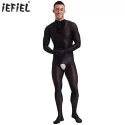 Mens Glossy Jumpsuit Full Body Exotic Teddies Stretchy Tights Crotchless Back Zipper See-Through Bodystocking Tempting Nightwear