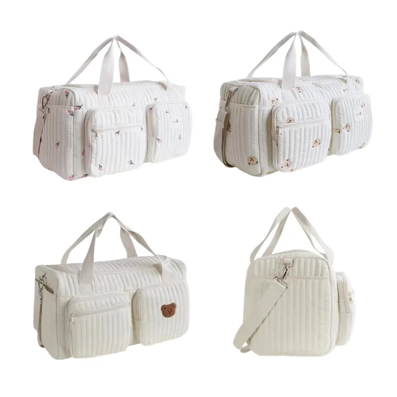 

Baby Diaper Bag Cute Bear Flower Embroidery Pattern Mommy Bag Baby Beige Cotton Fabric Zipper Diaper Handbag New Luggage Bag