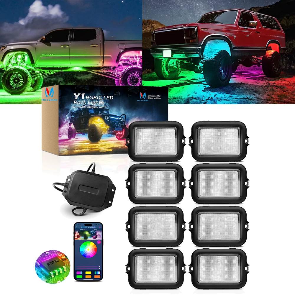 MICTUNING 8 Pods Y1 Extensible RGB+IC LED Rock Lights Kit, Multi-colour Decorative Lamps Kit With Wireless APP Control For Truck