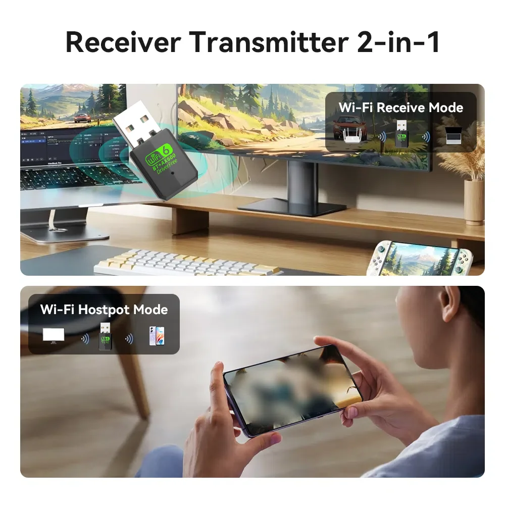 2 в 1 Mini USB Bluetooth-адаптер WiFi 6 AX600 Dongle Сетевая карта 2,4G/5 ГГц Драйвер Бесплатный ПК 600 Мбит/с Высокоскоростной беспроводной приемник
