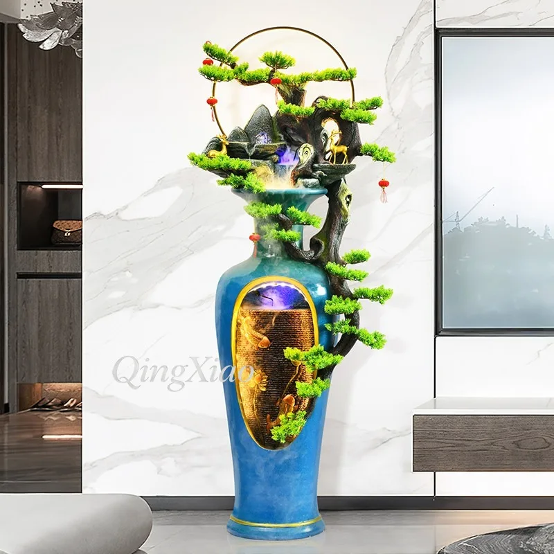 Vase Shaped Rockery Water Fountain Ornament, Recirculating Water Feature Statue with Pine Tree Sculpture for Living Room Decor