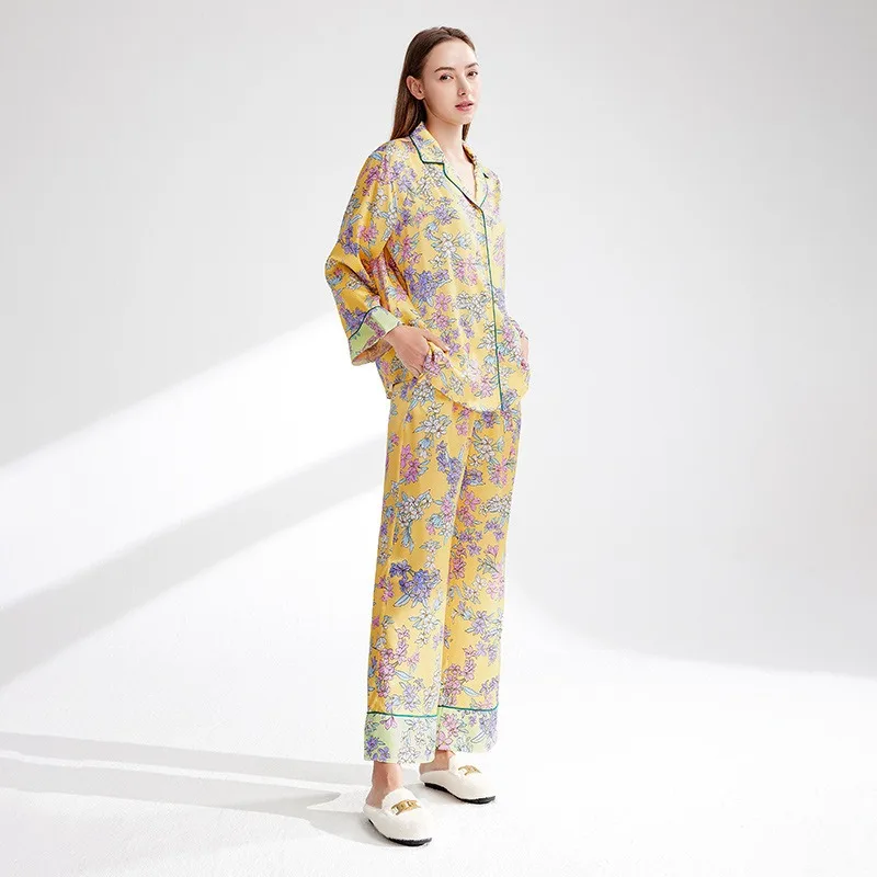 New Floral Temperament Long Sleeve Loungewear Set Shirt Collar, 100% Mulberry Silk 19mm Thickness Style Code Fashion Cozy XL Si