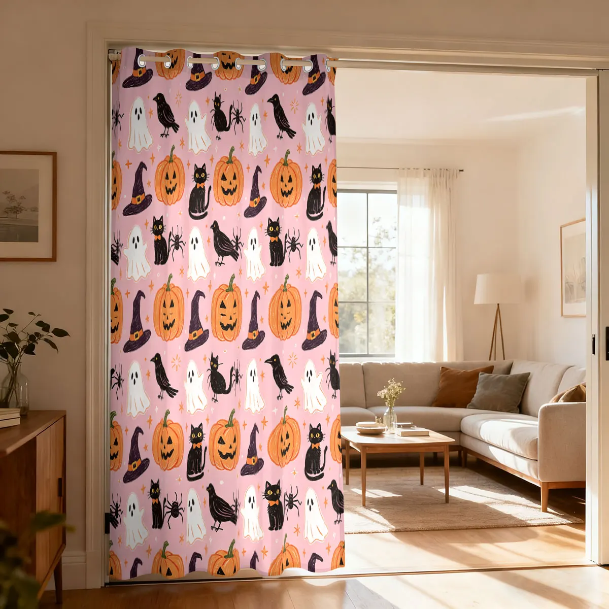 Halloween Single Piece Loop Curtain Witch Hat Black Cat Pumpkin Print Punch Hole Drape 1PC Perforated Hanging Curtain Bedroom