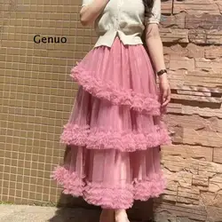 Vintage Medium Long Skirts For Women Fashion Fungus Stitched Irregular Mesh Cake Skirt New Summer Ladies Party Yarn Skirt