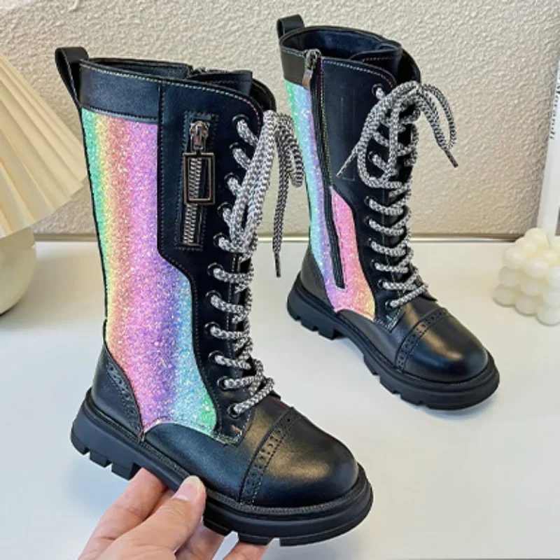 Botas Mujer Kids Mid-calf Boots Autumn New Colorful Girls Boot Breathable Soft Sole Platform Boots Princess High Top Girls Shoes