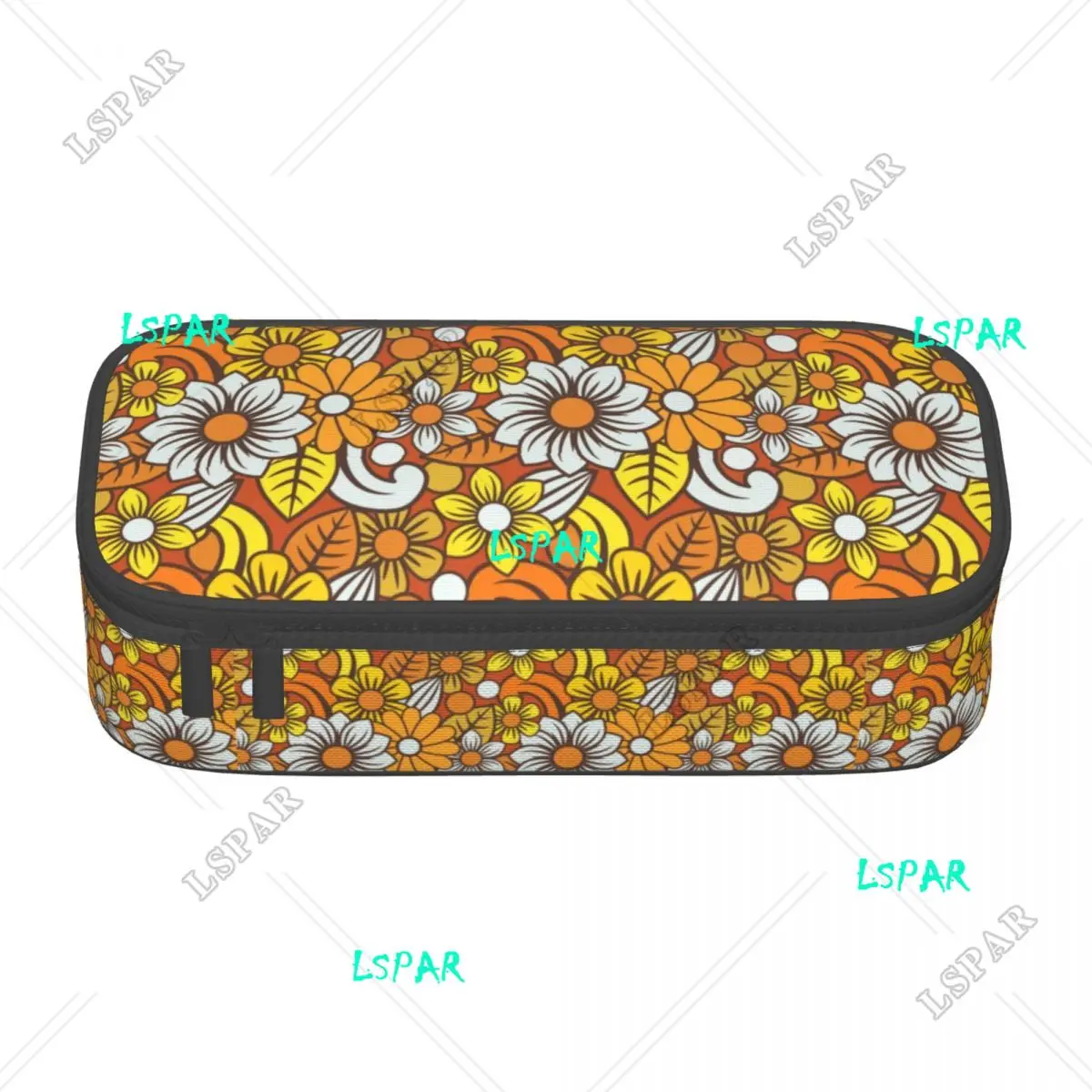 Custom Retro 70s Orange Flower Pattern Pencil Case for Mid Century Modern Bohemian Large Capacity Pen Bag Box School Accessories