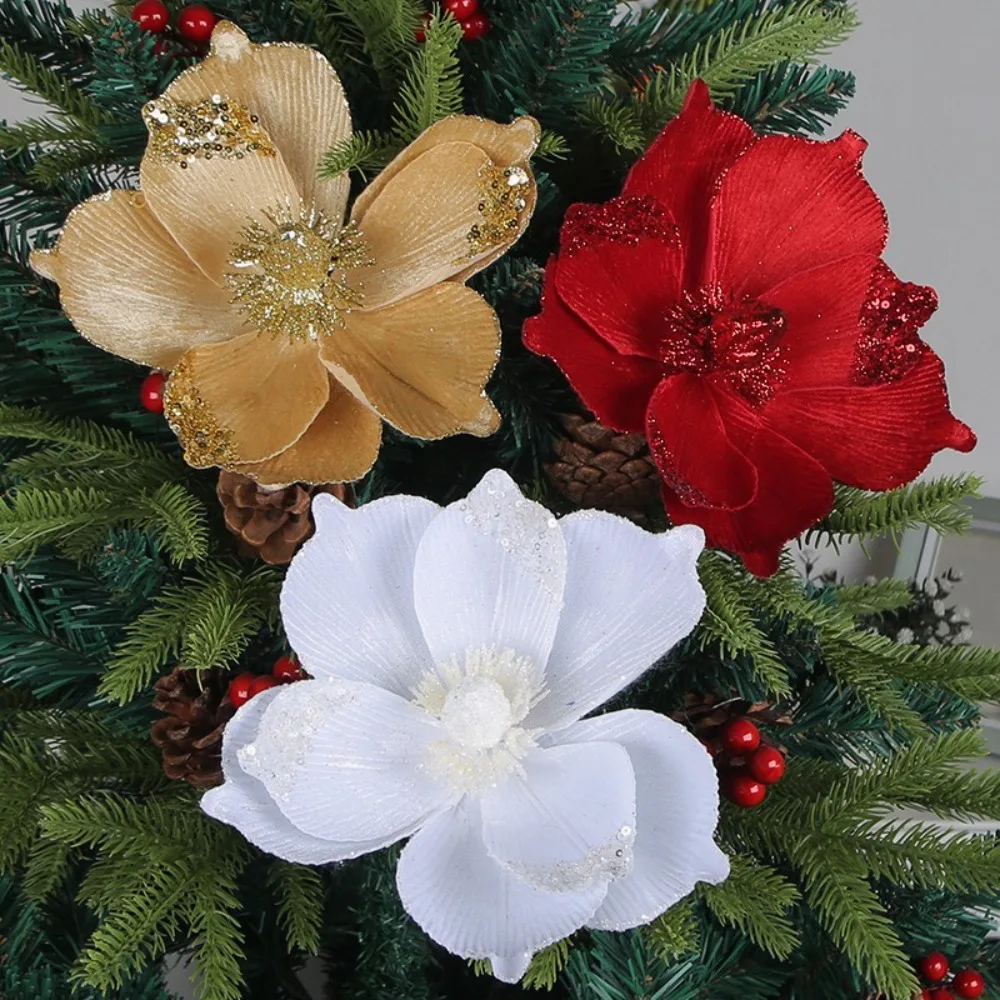 Flores falsas grandes de Navidad, suministros de fiesta, decoración de boda, árbol de Navidad, Poinsettia, purpurina, 22cm, nuevo