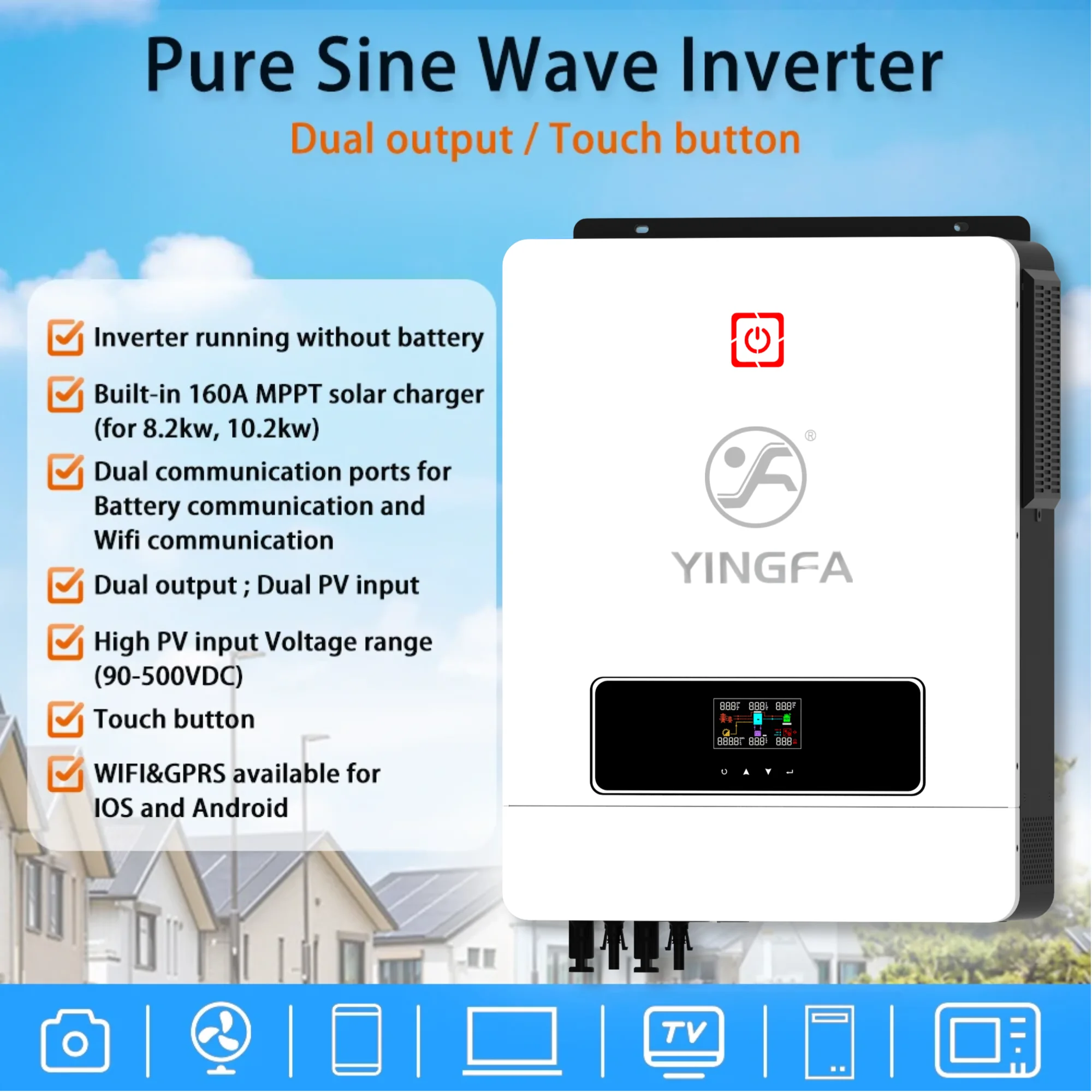 YINGFA On Off Grid Hybrid Solar Inverter Dual MPPT 10.2KW 48V PV Max 500VDC 160A MPPT Solar Charge Controller,For Home Use