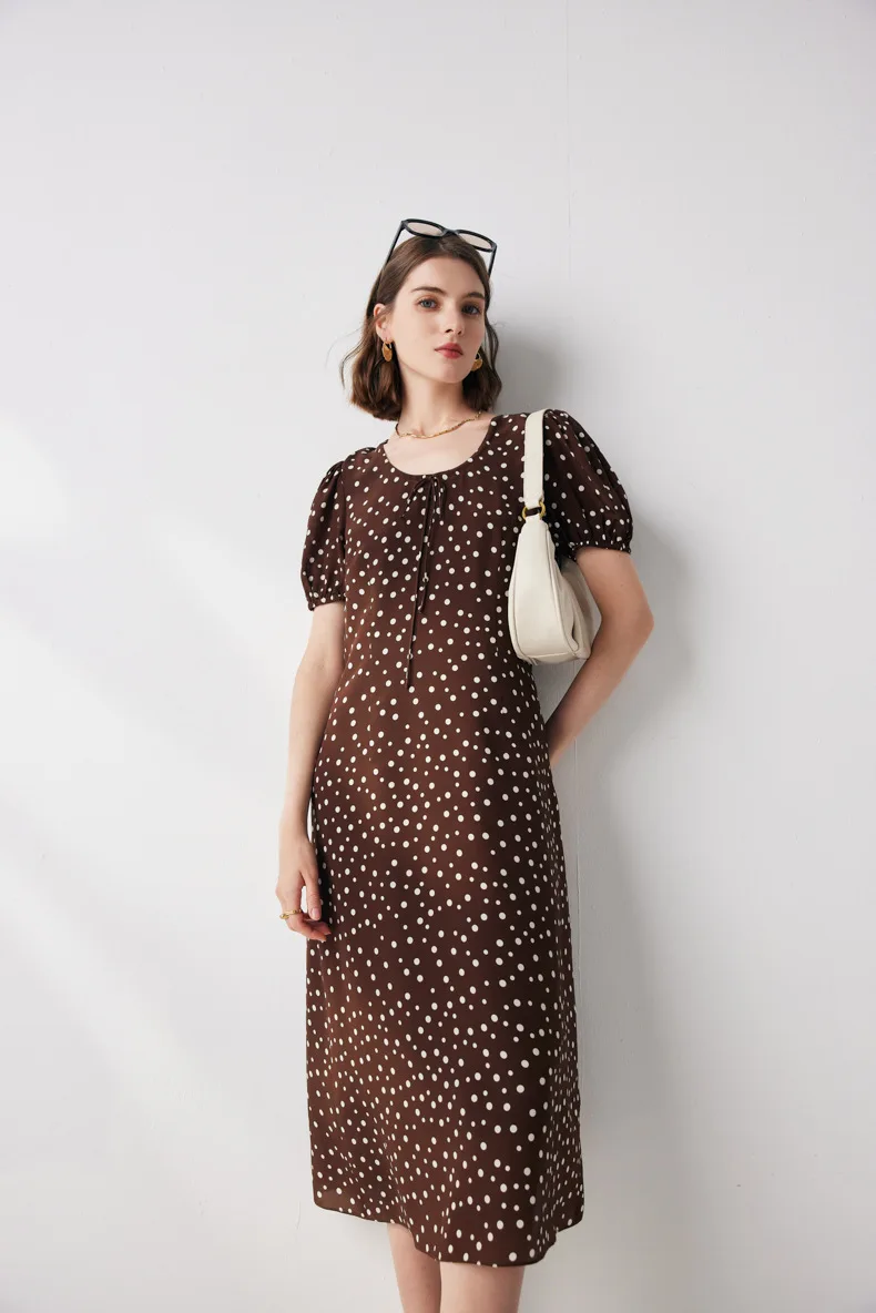 New Polka Dot Mulberry Silk Luxury Women's Elegant Dress Summer Short Sleeve Coffee Dress Drawstring Tea Dresses Female Clothing