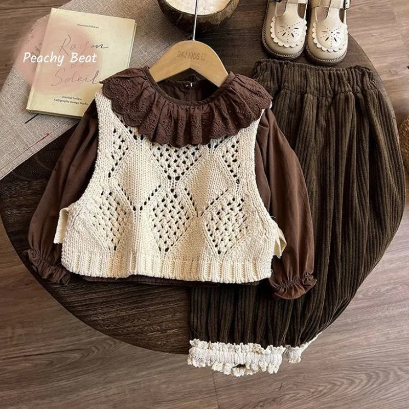 

Fashion Baby Girl Lace Collar Shirt+Vest+Corduroy Pant 3PCS Infant Toddler Child Clothes Set Spring Autumn Baby Clothes 18M-10Y