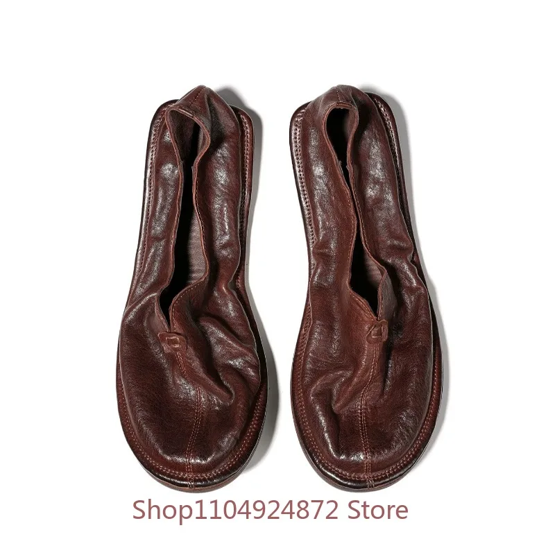 British-style Retro Fisherman Shoes Genuine Leather Loafers Soft Wrinkle Slip on Hand Stitched Vintage Men Casual Flat Shoes