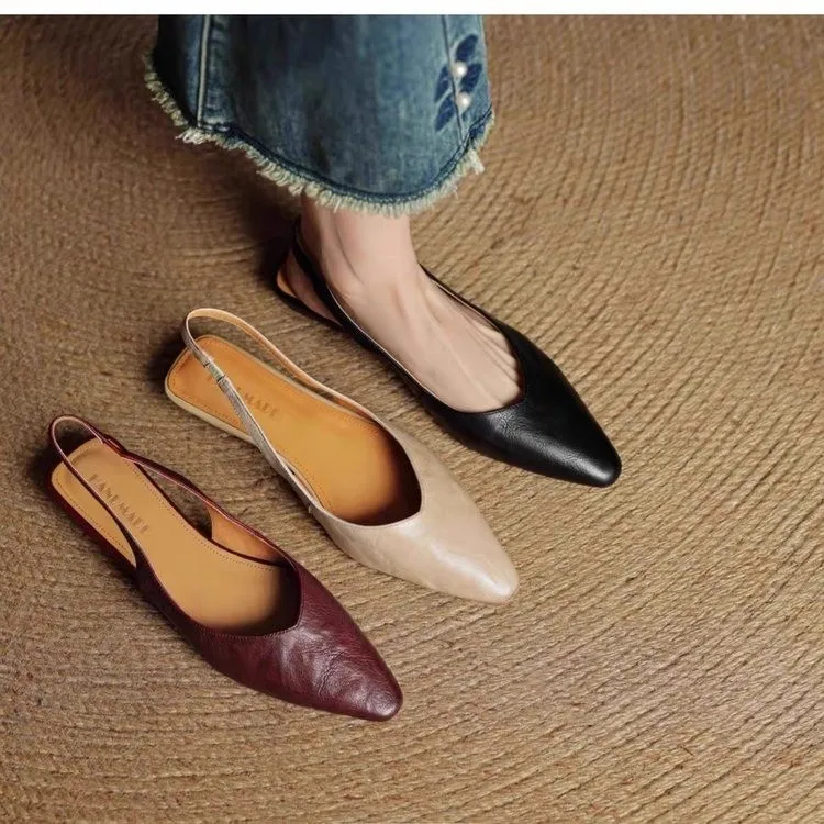 Women's French Vintage Soft Leather Stylish Flat Sandals, Pointed Toe, New Backless Closed-Toe Shoes