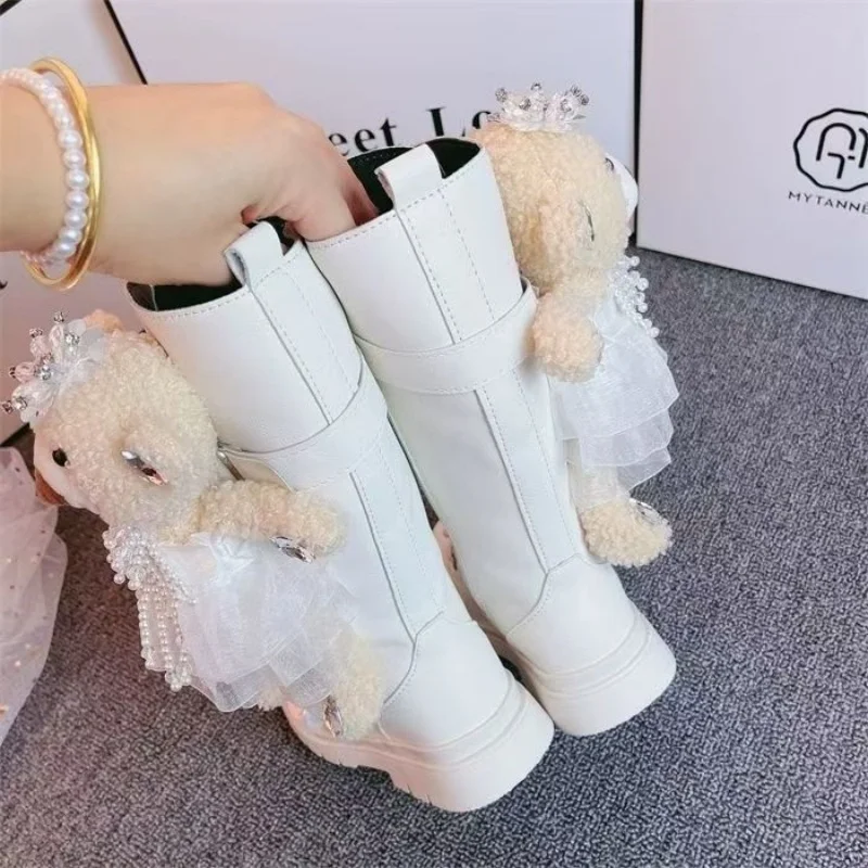 2024 Winter New Children's Tall Boots Spring and Autumn Girls' Little Bear Pearl sequin Side Zipper Fashion Princess Boots