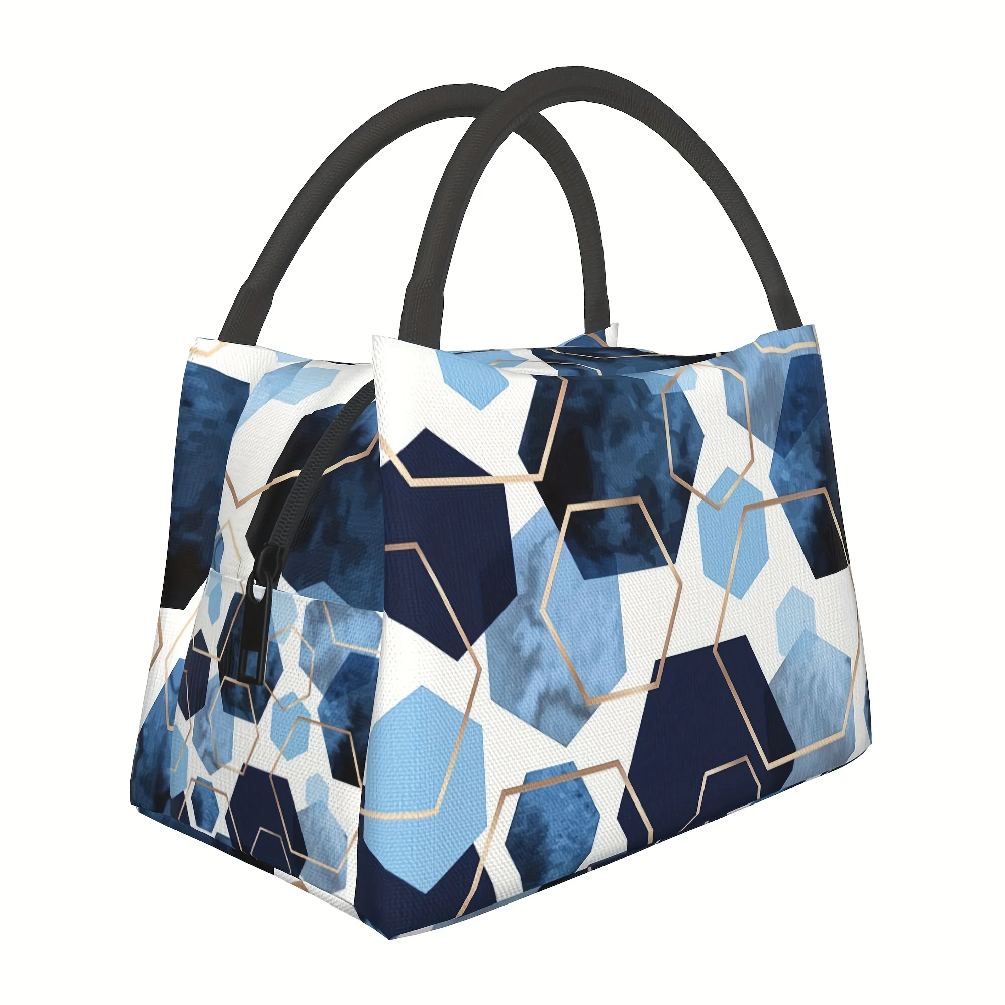 

1pc Blue And White Hexagon Pattern, Reusable Outdoor Portable Insulated Lunch Box, Lunch Bag, Lunch Bag, Leakproof