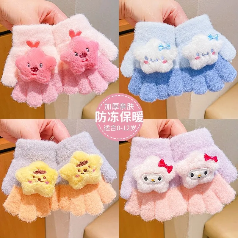 

For kuromi Cartoon Knitted kt cat Children's Winter Warmth-Protecting Cute Five-Finger Plaid Gloves