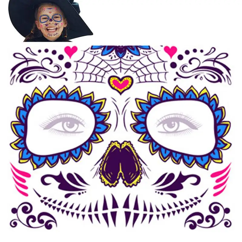 Face Temporary Tatoos Horror Halloween Day Of The Dead Tattoos Stickers Waterproof Sweatproof Long-lasting Temporary Tattoo For