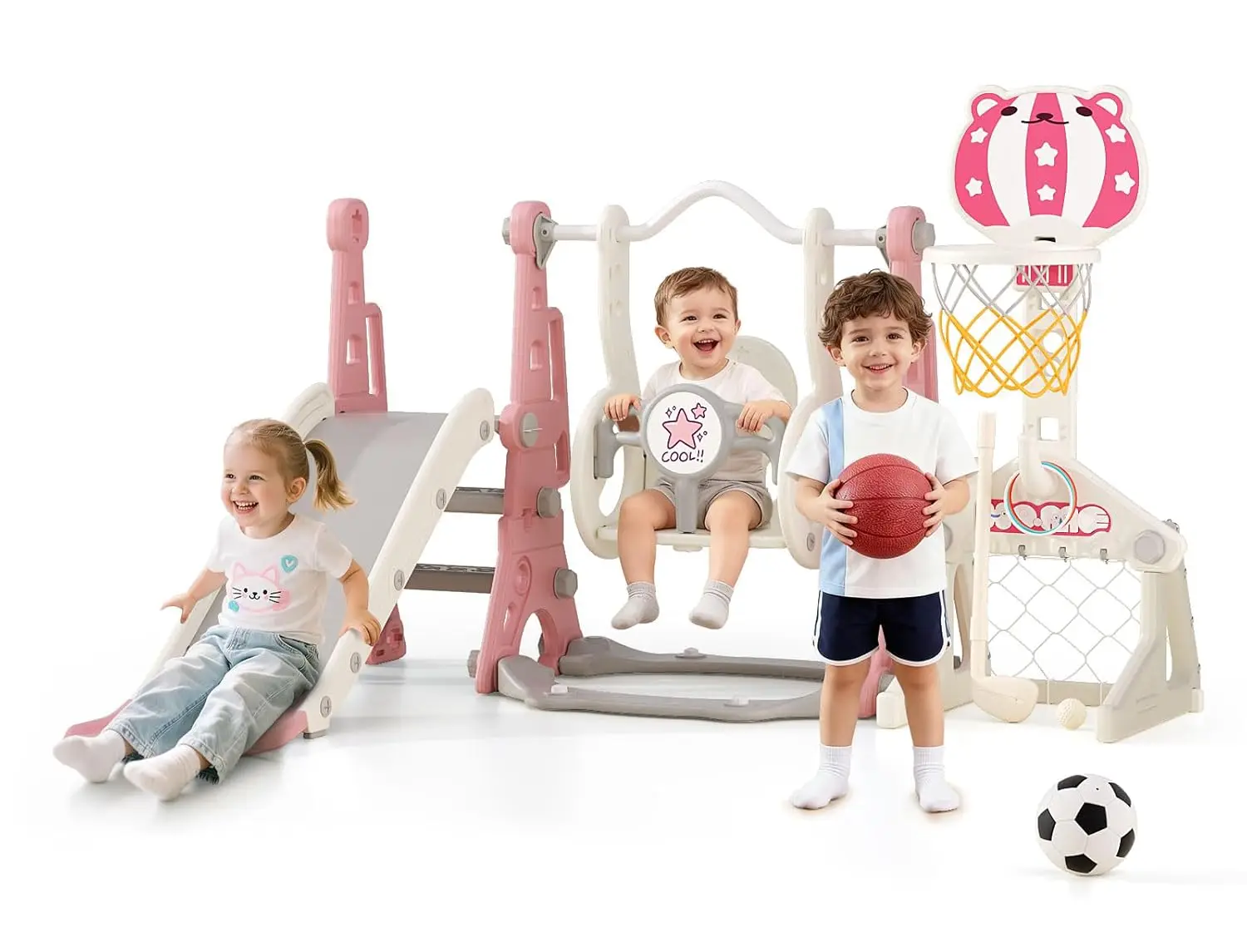 6-in-1 幼児用ブランコと滑り台セット、バスケットボール、サッカー、ゴルフゲーム付き、1～2歳向け、ピンクの屋内外プレイセット