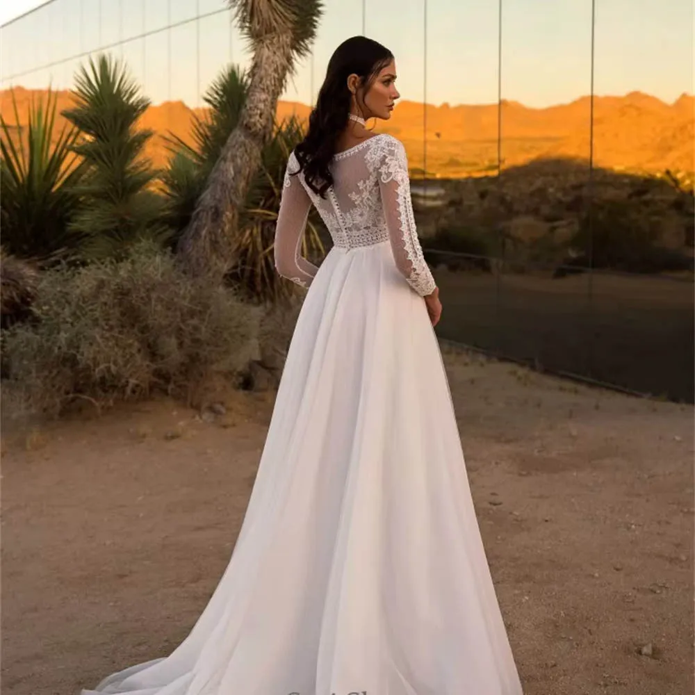 Customized Long Sleeves Lace Wedding Dress For Woman Bride  Tulle Skirt Highlighted Sparkling Beading Belt High Slit Bridal Gown
