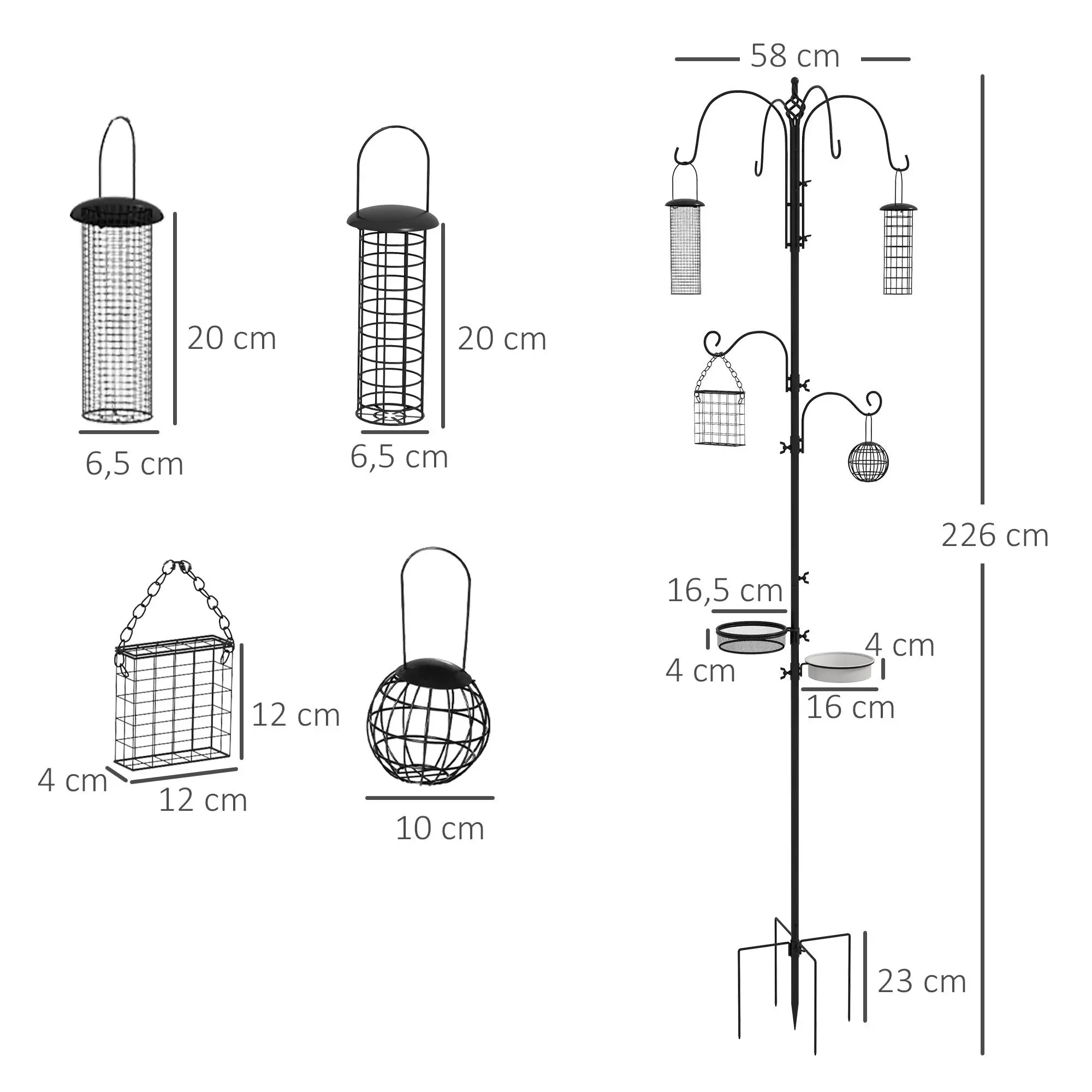 Comedero para pájaros Black Bird con 6 ganchos, 4 recipientes para semillas/frutos secos/bolas de grasa, Jardín y Patio