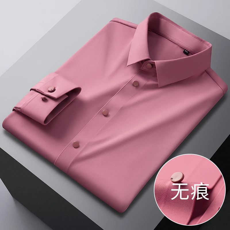 Men's Stretchy Silky Satin Long Sleeve Dress Shirt Pocketless Wrinkle Free Soft Casual Slim Fit Easy Care Elastic Shirts