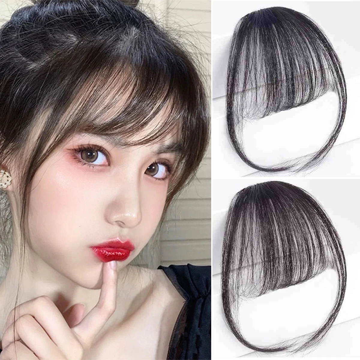 BeautyEnter Synthetic Fake Synthetic Air Bangs Clip-In Hair Extension Fringe False Blunt Hairpiece for Women Clip In Front Hair