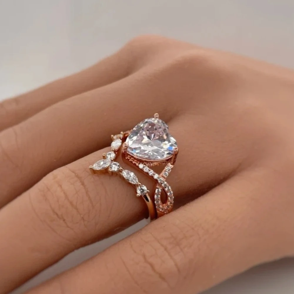 2pcs heart-shaped counter ring set, fashionable and personalized, suitable for engagement, marriage and daily life - no box