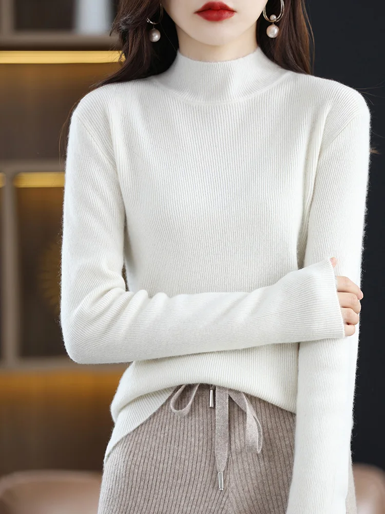 Basic Merino Wool Women Sweater Autumn Winter Korean Mock Collar Slim-Fit Knitted Pullover Long Sleeve Office Lady Clothing Tops