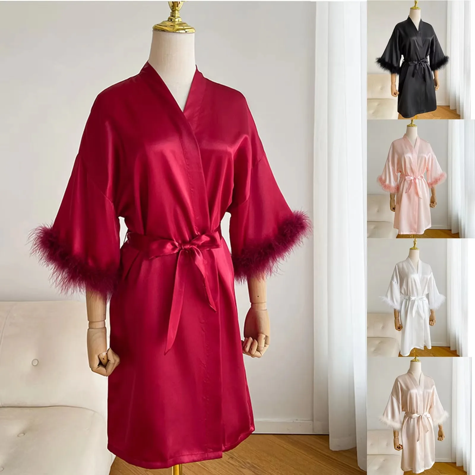 

Fashion Satin Robe Female Bathrobe Sexy Lingerie Silk Kimono Bride Dressing Gown Women Sleepwear Furry 3/4 Sleeve Gown Bathrobe