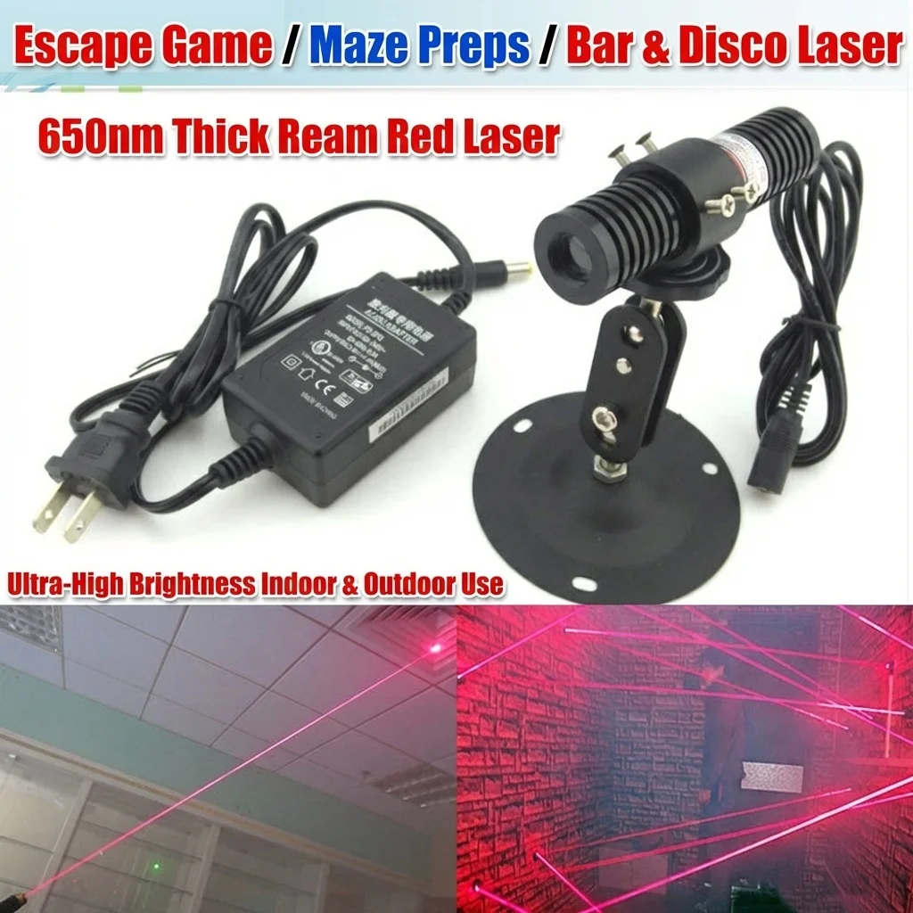 The escape room features a kit with thick beams of green and red laser lights.
