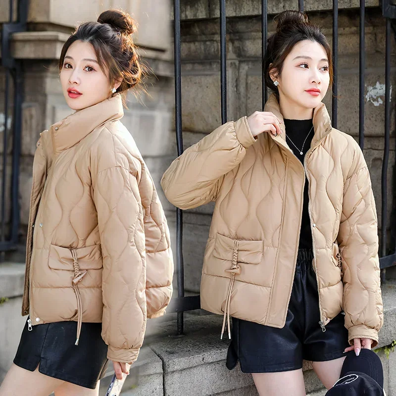 2024 New Women's Short Down Cotton Padded Jackets Autumn Winter Fashion Stand-up Collar Parka Student Coat Loose Thin Light Tops