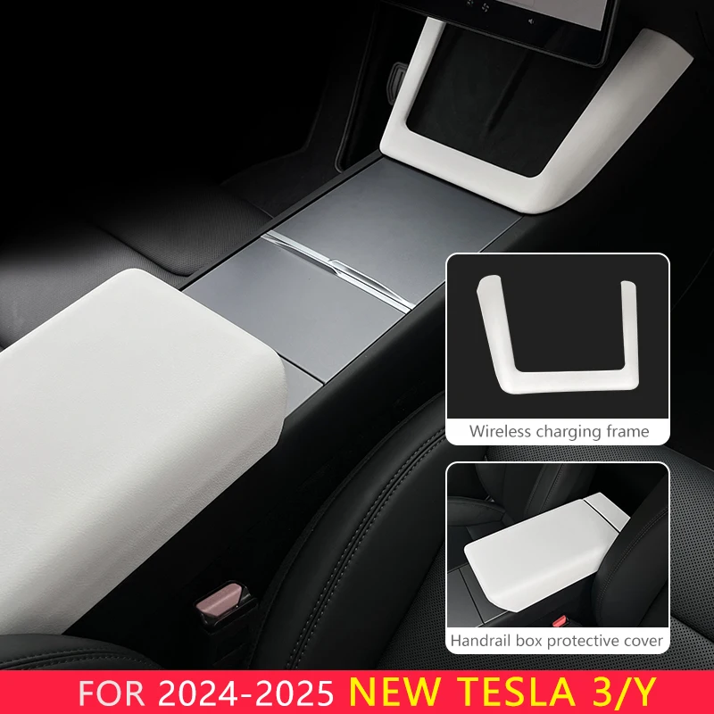 

Для Tesla Model Y Launch Juniper 2025 Model 3 Highland 2024, белая кожаная центральная консоль, рамка для беспроводной зарядки, чехол