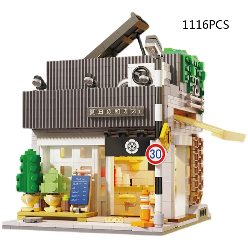 Japan Street View Building Block Summer Japanese Coffee Shop Model City Streetscape Bricks Assemble Toys With Led Light For Gift