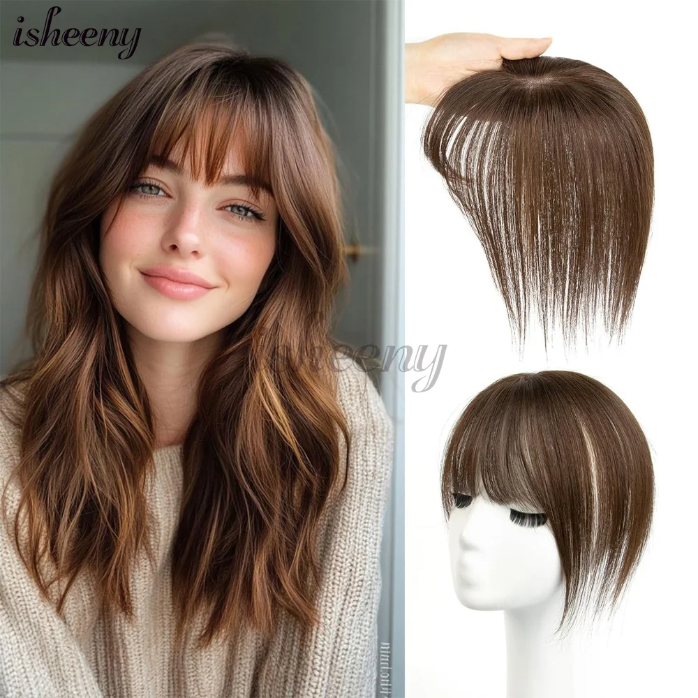 Isheeny Real Human Hair Topper Hairpiece 5x9cm Breathable Hair Net Black Brown Blonde Natural Straight Top Hair Pieces for Women