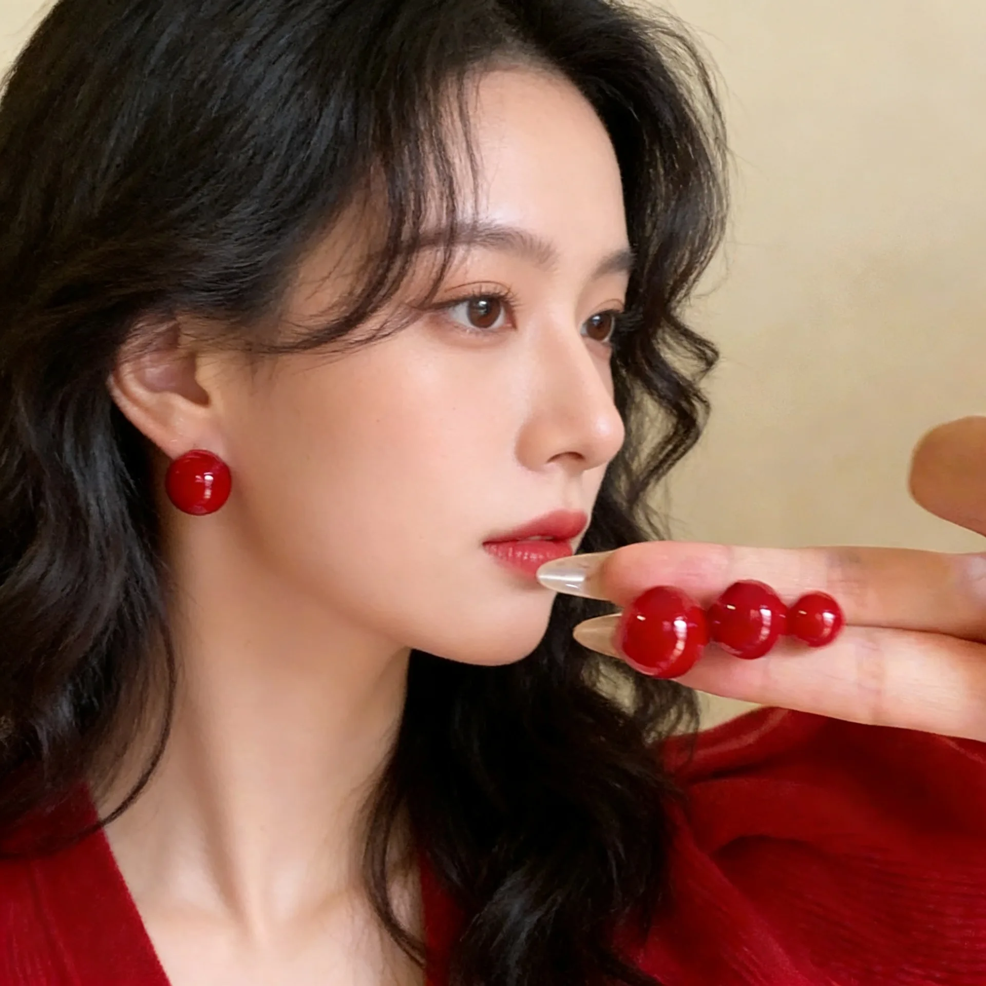 Pearl Stud Earrings Elegant Red Lightweight Comfortable No Need Remove for Winter New Year Holiday Daily Perfect Gift