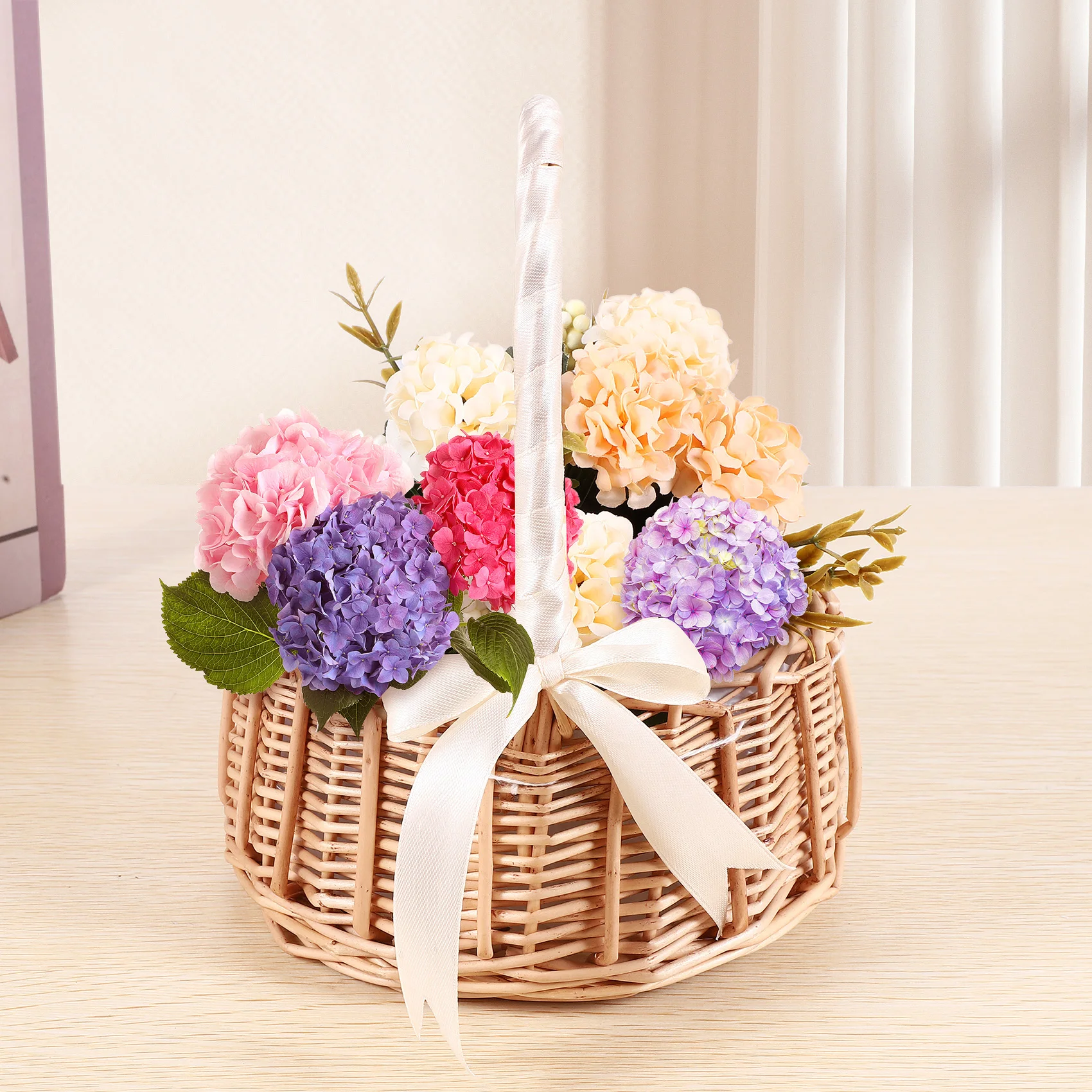 Woven Flower Basket Rattan Storage Basket Flower Girl Hand Basket Handmade Flower Basket with Bow, S