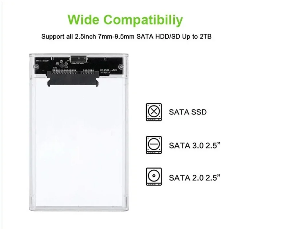 Carcasa transparente para disco duro HDD SSD de 2,5 pulgadas, adaptador Sata a USB 3,0, 5 Gbps, compatible con protocolo UASP de 2TB