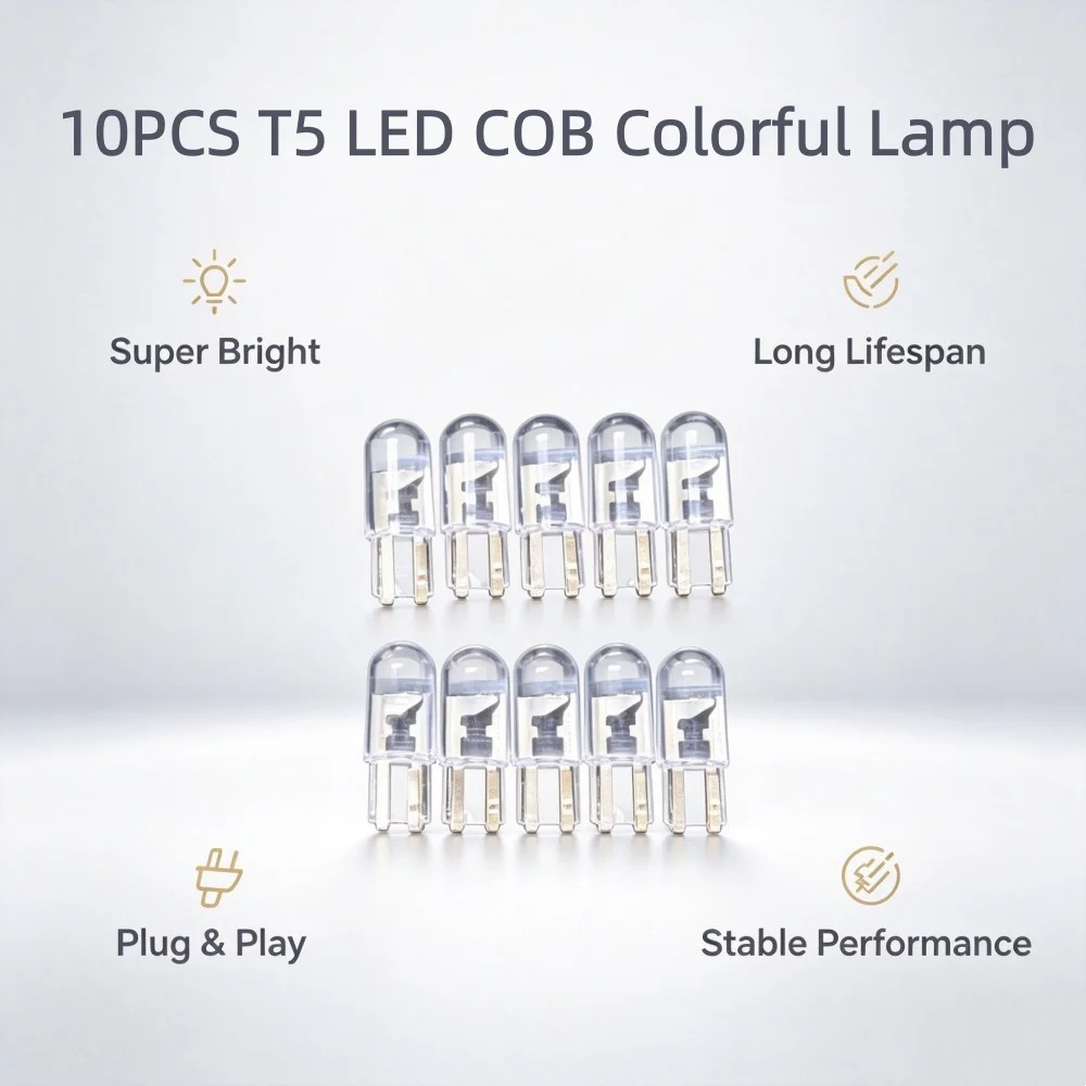 10PCS T5 COB LED Light DC12V 7 Colors Multicolor Car Interior Lamp Instrument Reading License Plate Trunk Light Plug & Play
