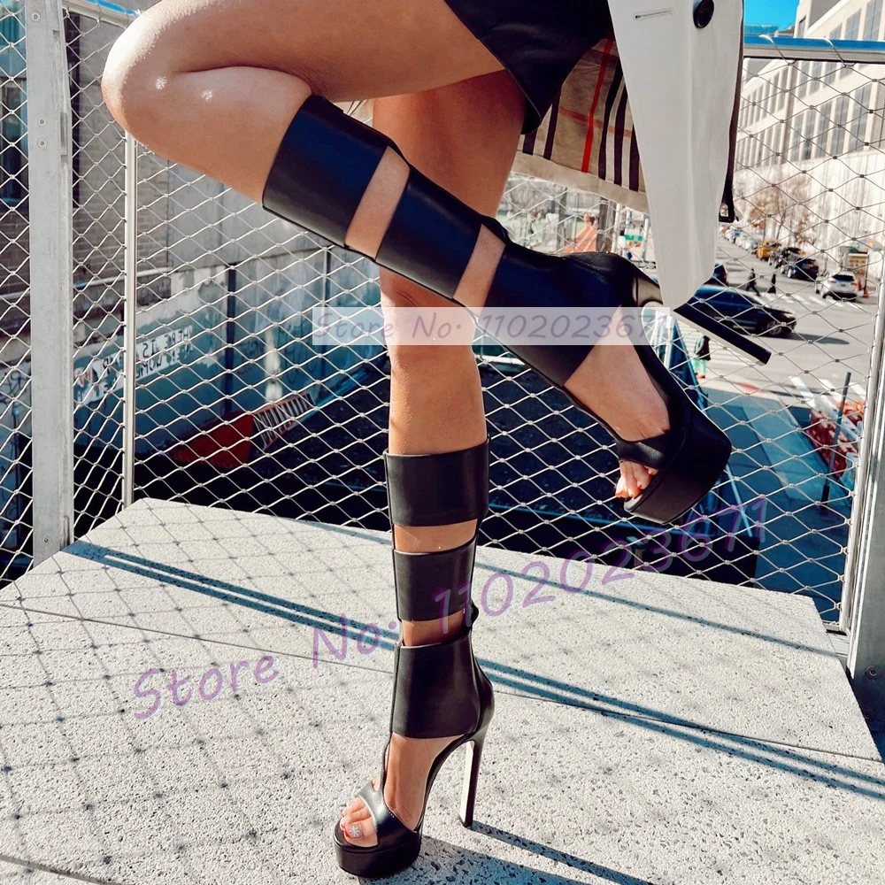 

Caged Platform Tall Sandal Boots Women Chic T-strap Gladiator Open Toe Sandals Ladies Classy Back Zipper Summer Cutout Sandals