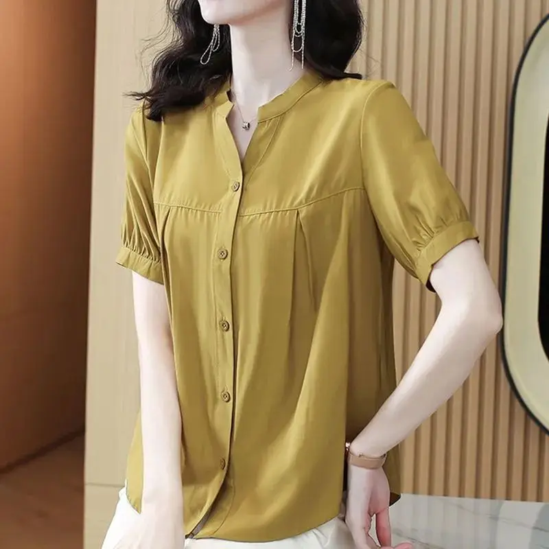 Women Clothing Vintage Loose Blouse Summer Short Sleeve O-neck Solid All-match Office Shirt Tops Casual Fashion Women Clothing